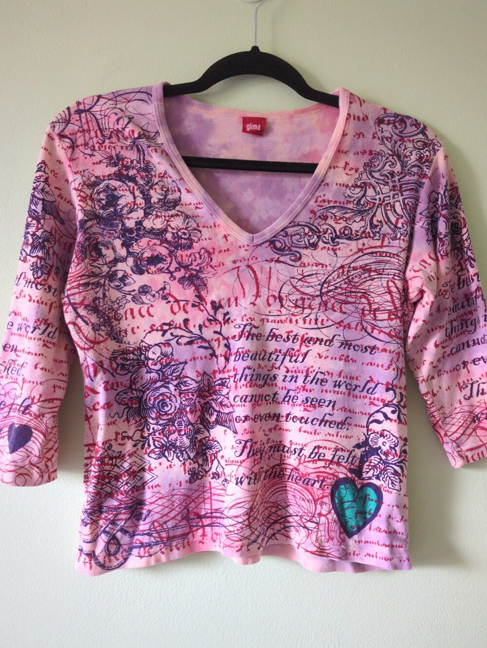 Glima Y2K Graphic 3/4 Sleeve T-shirt Cotton Pink Purple Large Tie Dye Floral